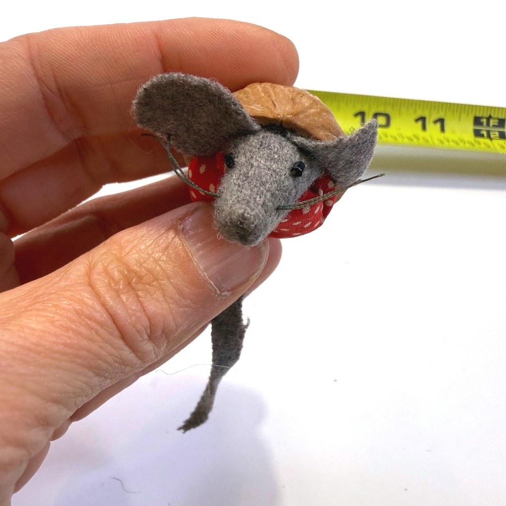 Handmade Walnut Shell Miniature Mouse Felt Figurine Red Polka Dot Folk Art 4in